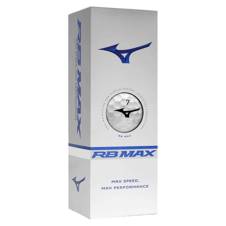 Mizuno RB MAX golf balls with white surface and Mizuno branding, designed for optimal performance on the golf course.