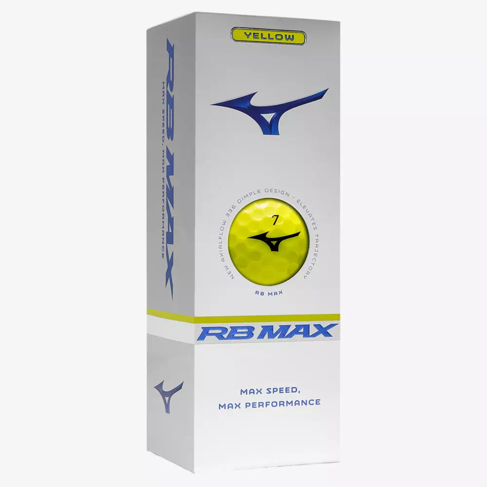 Mizuno RB MAX golf balls with white dimpled surface, displayed on a plain background, designed for optimized golf performance.
