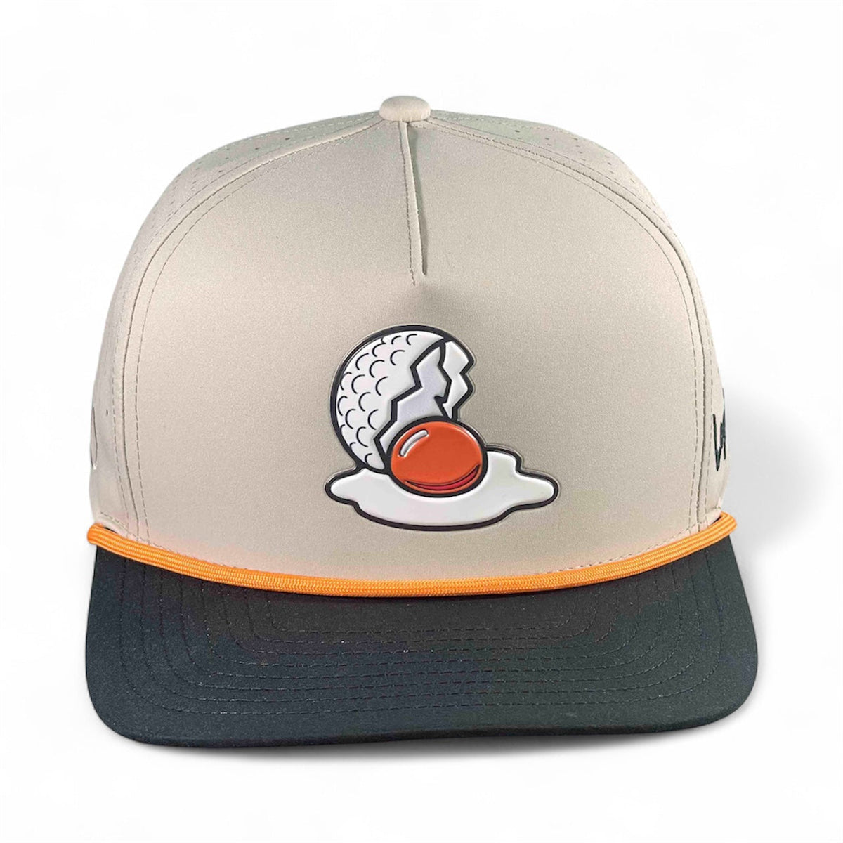 Mulligan Tan Breakfast Ball golf hat by Logie Joe's Golf with adjustable snapback, built-in magnetic ball marker holder and marker.