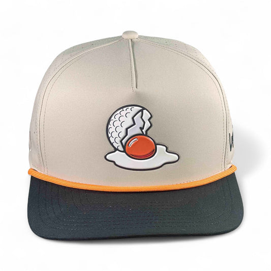 Mulligan Tan Breakfast Ball golf hat by Logie Joe's Golf with adjustable snapback, built-in magnetic ball marker holder and marker.