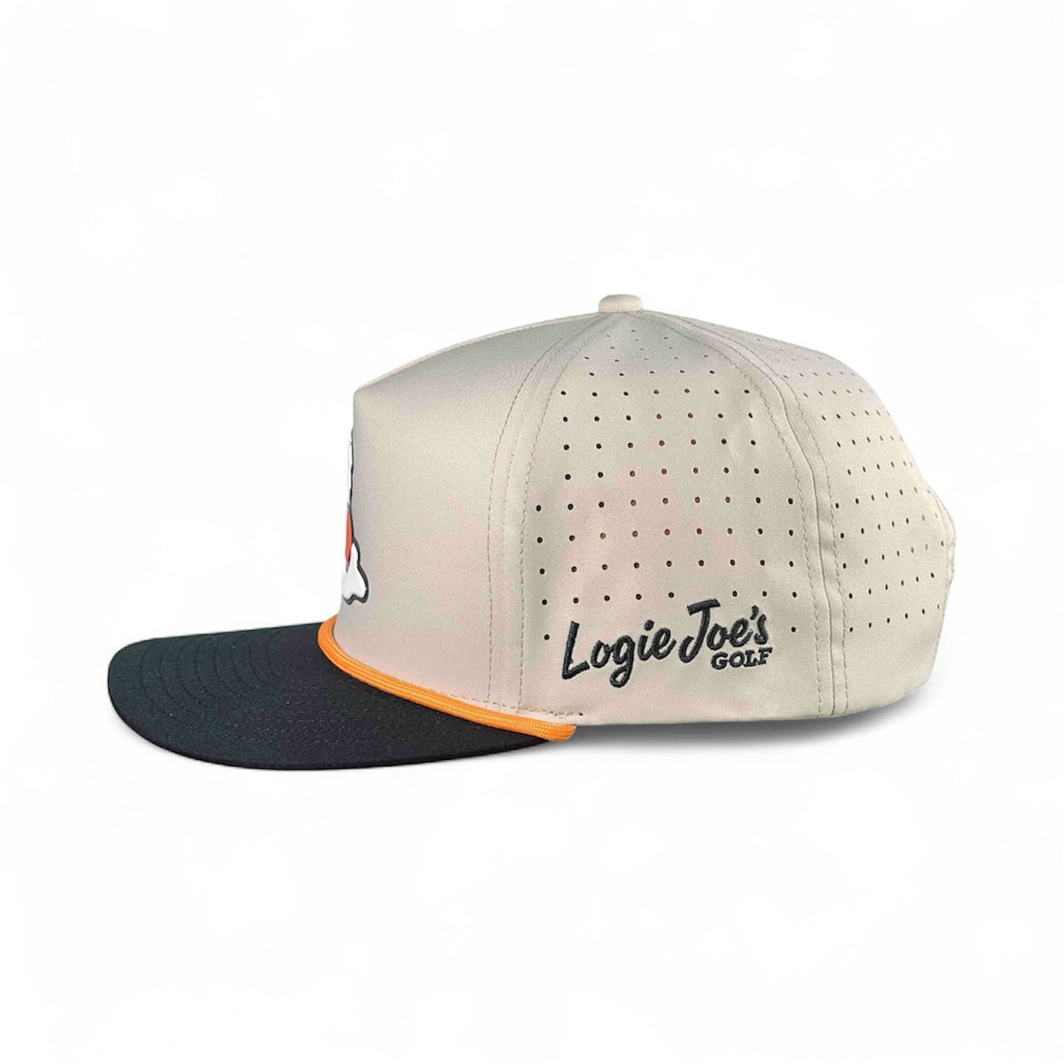 Logie Joe's Golf Breakfast Ball golf hat with adjustable snapback, magnetic ball marker holder, and included marker in tan color.