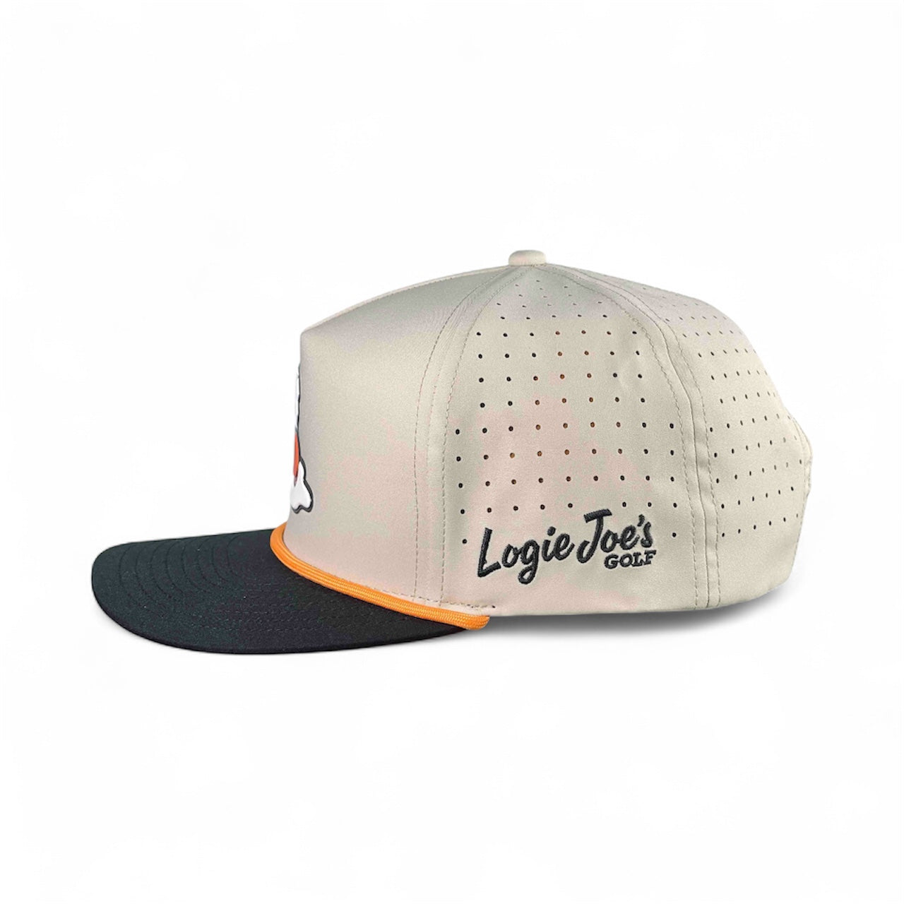 Logie Joe's Golf Breakfast Ball golf hat with adjustable snapback, magnetic ball marker holder, and included marker in tan color.