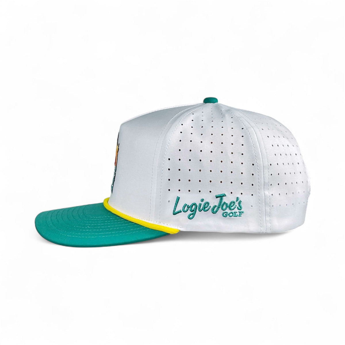 Dumpster Fire golf hat by Logie Joe's Golf, white and teal snapback cap with magnetic ball marker holder and adjustable fit.
