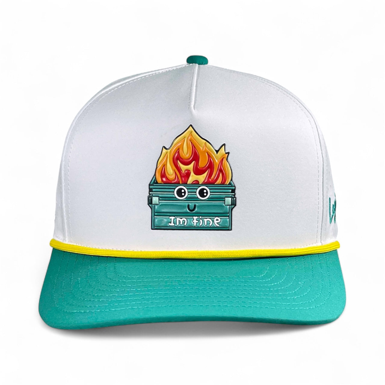 Dumpster Fire golf hat by Logie Joe's Golf, white and teal snapback cap with built-in magnetic ball marker holder and adjustable fit.