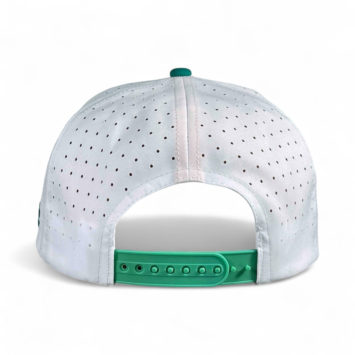 Dumpster Fire Golf Hat by Logie Joe's Golf, white and teal snapback cap with magnetic ball marker holder and adjustable strap.