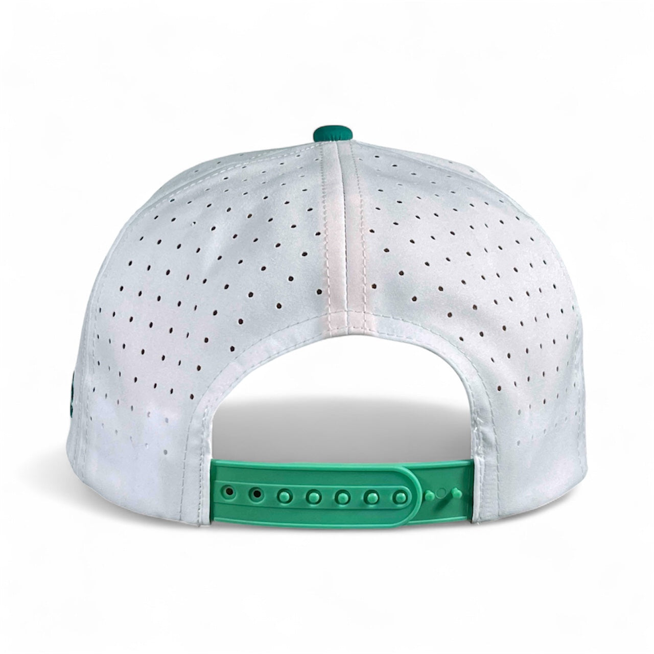 Dumpster Fire Golf Hat by Logie Joe's Golf, white and teal snapback cap with magnetic ball marker holder and adjustable strap.