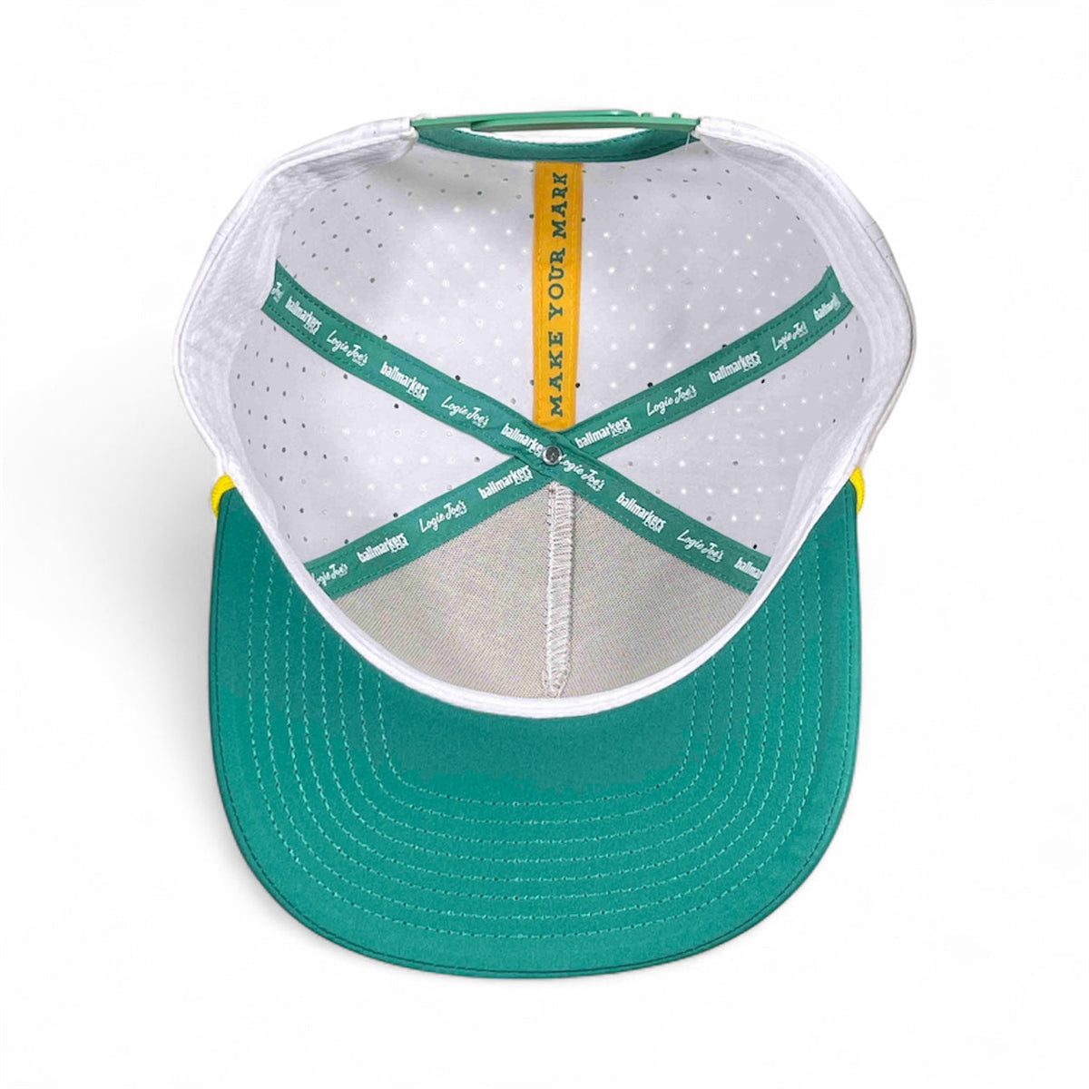 Logie Joe's Golf Dumpster Fire snapback hat in white and teal with magnetic ball marker holder and adjustable strap.