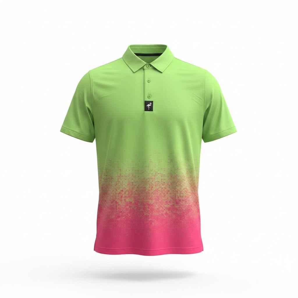 Men's Watermelon Sunset golf polo by Logie Joe's Golf, performance stretch athletic shirt with moisture-wicking fabric.