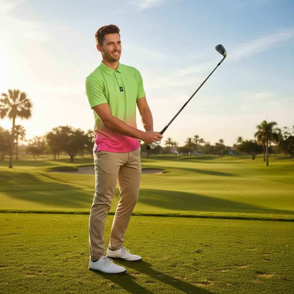 Men's Watermelon Sunset golf polo by Logie Joe's Golf, performance stretch athletic shirt with moisture-wicking fabric.