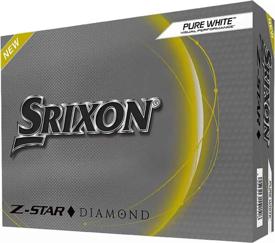 Srixon 2023 Z-STAR Diamond golf balls stacked in a display, featuring their bright white surface and branding details.