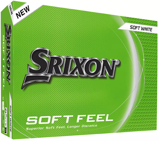 Srixon 2025 Soft Feel golf balls with bright white covers, displayed in a close-up shot showing the brand and product details.