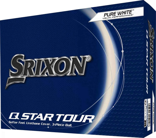 Srixon Q-STAR Tour golf balls showing bright white exterior with branding and golf ball dimples, designed for high performance on the course.
