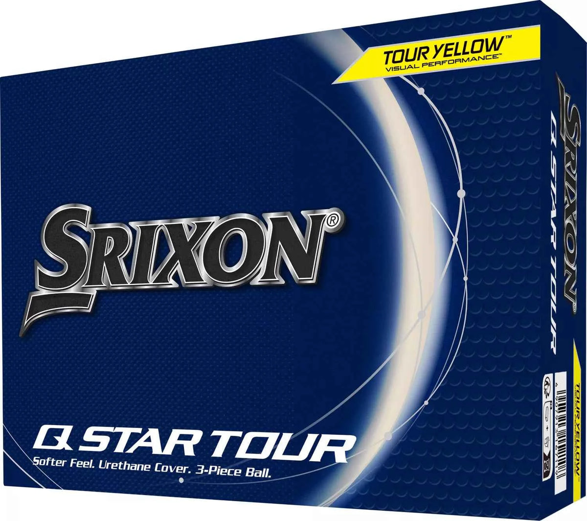 Srixon Q-STAR Tour golf balls with bright yellow packaging and three balls visible on a white background
