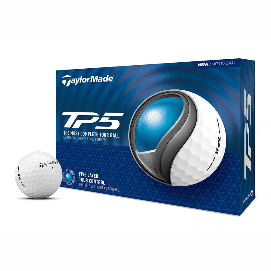 TaylorMade 2024 TP5 golf balls with white dimpled surface shown, designed for high performance and long-distance play.