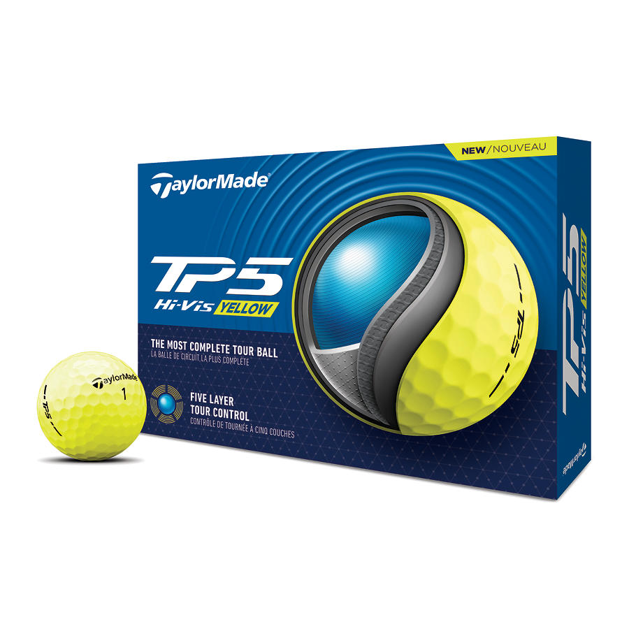 TaylorMade 2024 TP5 golf balls with bright white covers and TaylorMade branding for high performance on the course.