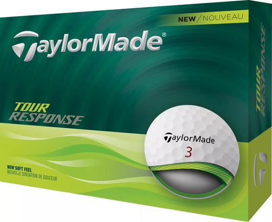 TaylorMade Tour Response golf balls with white covers and branding, designed for distance and soft feel during play.