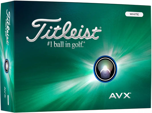 Titleist 2024 AVX golf balls from ParWestGolf, showing a close-up of the sleek, white golf balls on a green background.