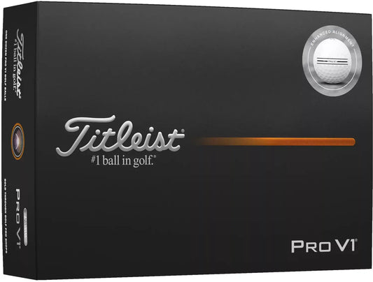 Titleist 2026 Pro V1 Enhanced Alignment golf balls with bright white surface and red alignment markings by ParWestGolf.
