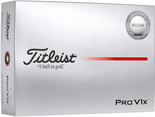 Titleist 2026 Pro V1x golf balls with enhanced alignment markings, designed for improved accuracy and performance on the course.