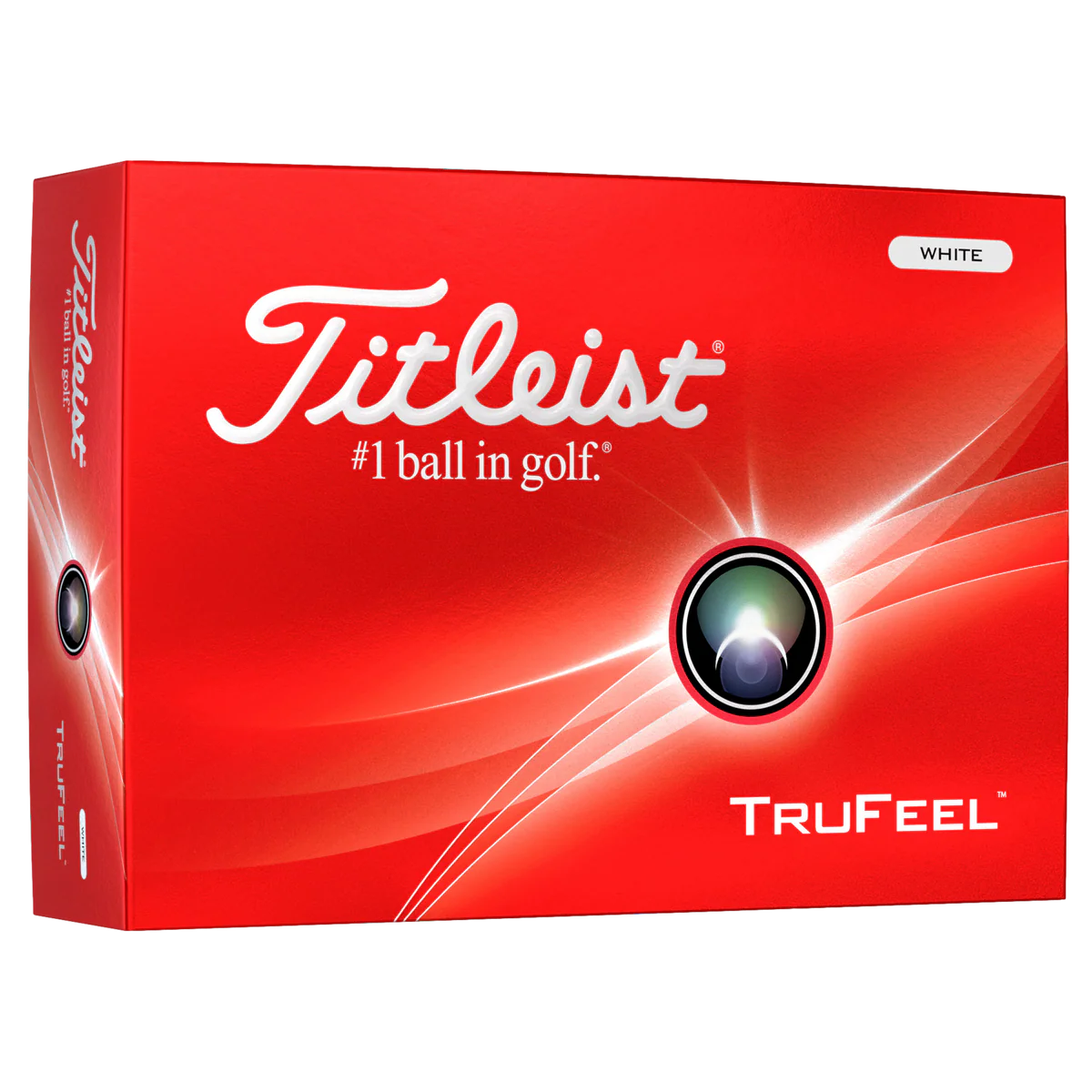 Titleist TruFeel 2024 golf balls, white with Titleist logo, shown in close-up with smooth surface and clear branding.