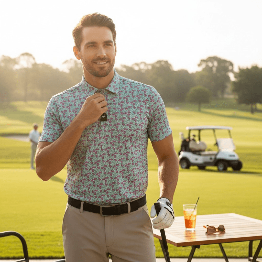 Men's frosted animal cookies golf polo by Logie Joe's Golf, moisture-wicking performance stretch shirt with playful animal print design.