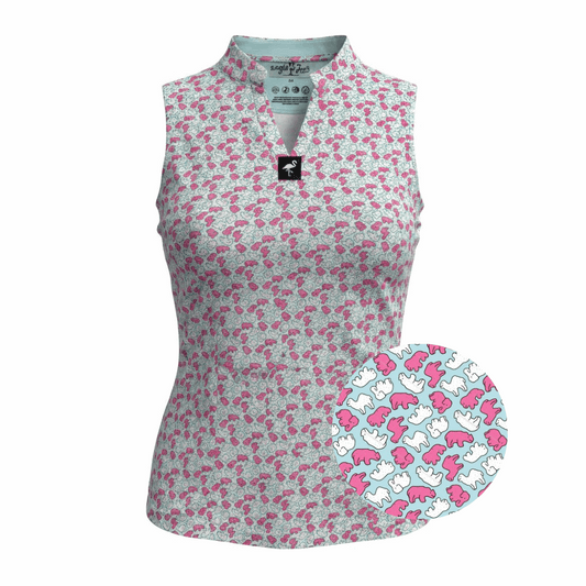 Women's frosted animal cookies sleeveless golf polo by Logie Joe's Golf, moisture-wicking performance top with playful animal print.