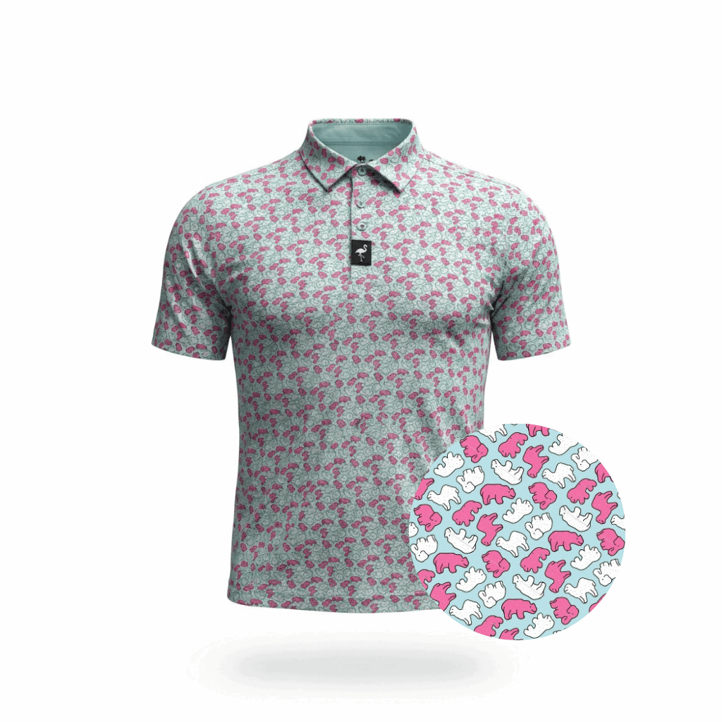 Men's frosted animal cookies golf polo by Logie Joe's Golf, moisture-wicking performance stretch shirt with playful animal cookie pattern.