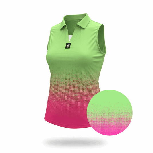 Women's Watermelon Sunset golf polo by Logie Joe's Golf, performance stretch, moisture-wicking athletic shirt with vibrant watermelon sunset design.