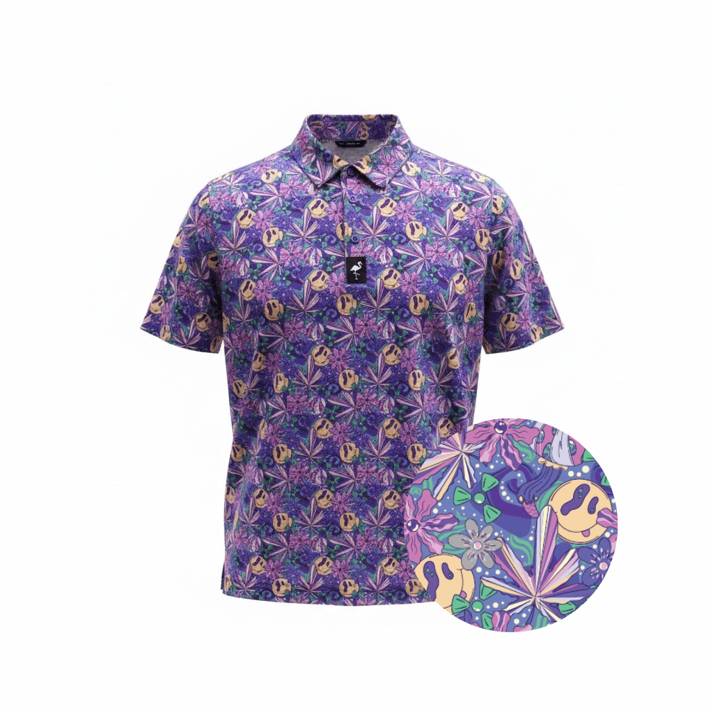 Men's Purple Haze golf polo by Logie Joe's Golf, moisture-wicking performance stretch polo shirt with purple color and stylish fit.
