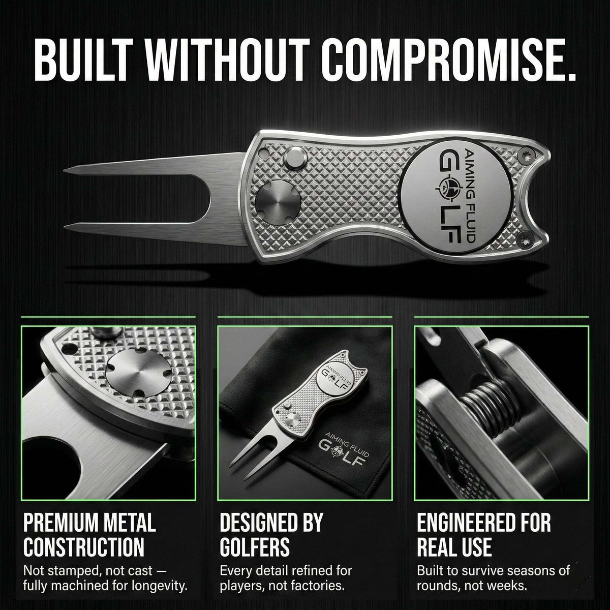 Aiming Fluid Golf foldable metal divot tool with a sleek design, perfect for repairing golf greens during play.