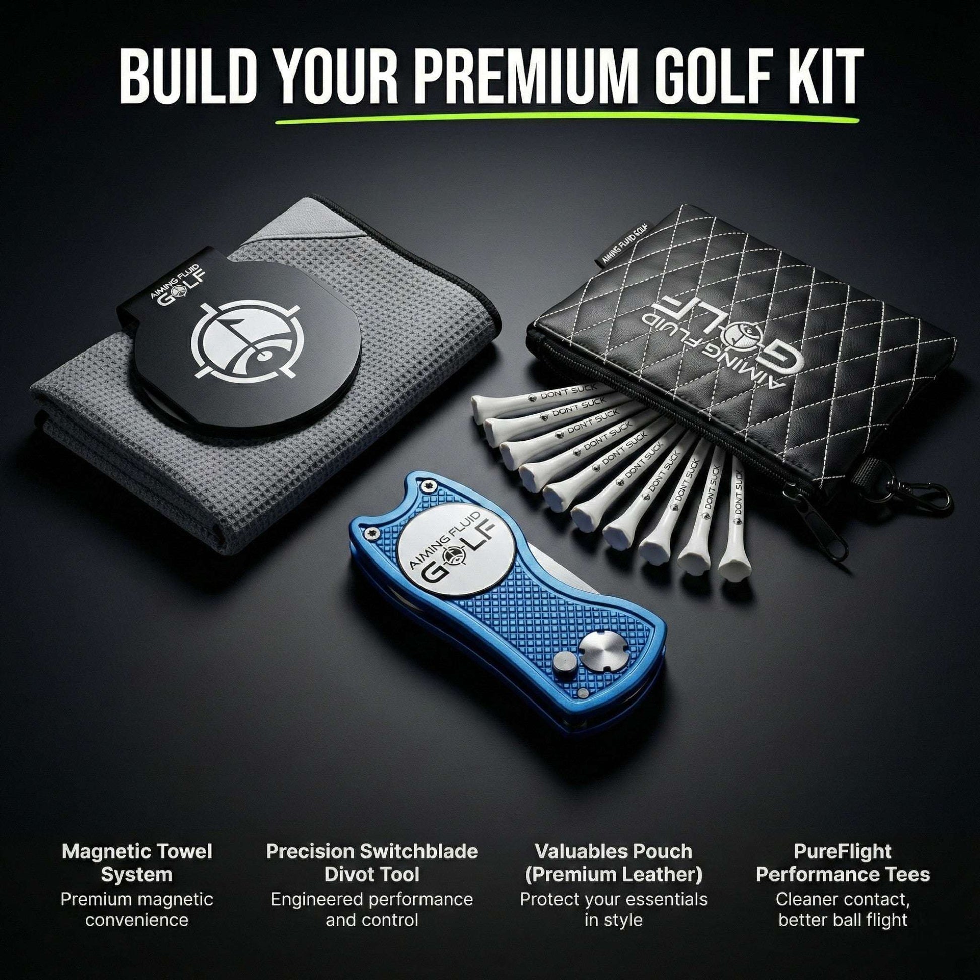 Aiming Fluid Golf foldable metal divot tool with a sleek design, perfect for repairing golf greens during a game.