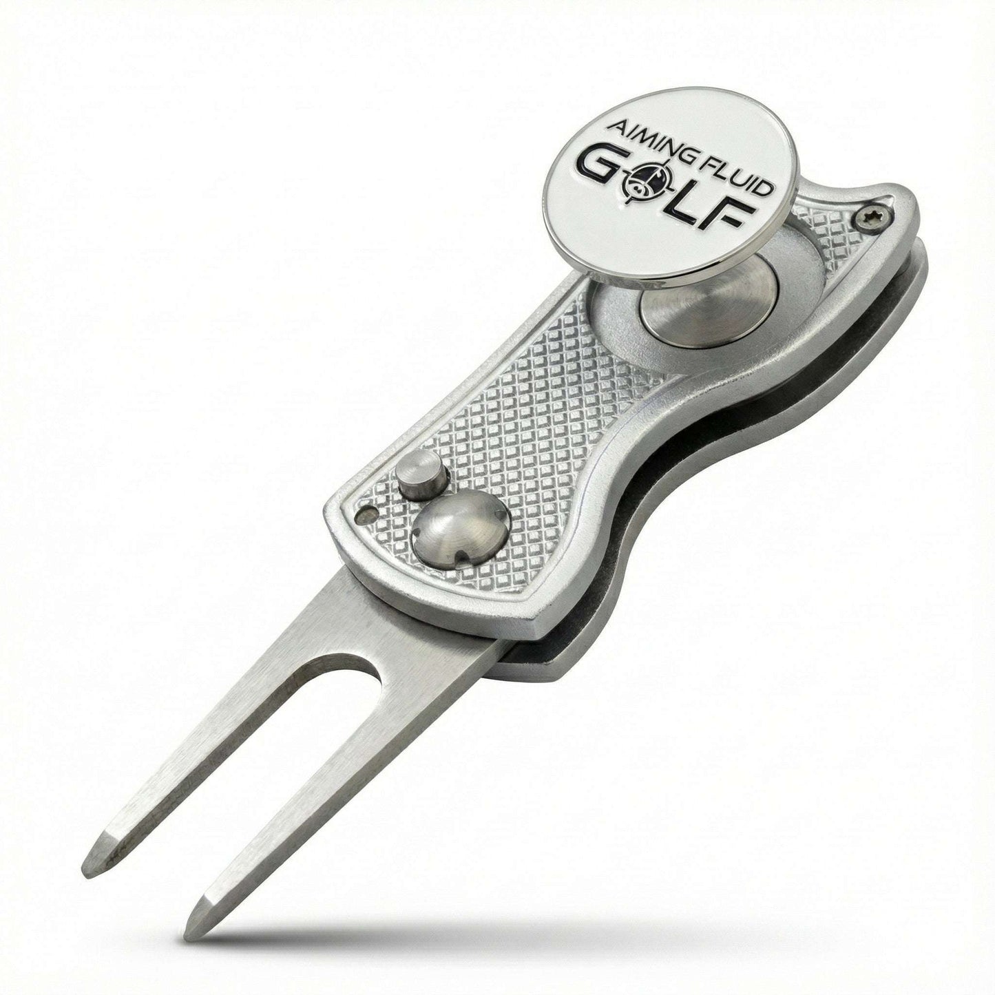 Foldable metal divot tool by Aiming Fluid Golf with ergonomic handle and compact design for on-course golf repairs.