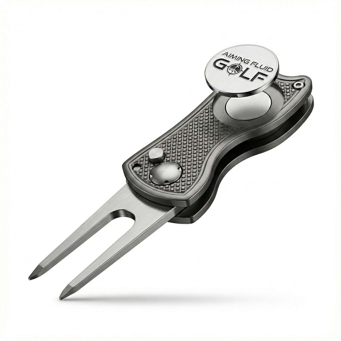 Aiming Fluid Golf foldable metal divot tool with ergonomic handle, designed for repairing golf course turf.