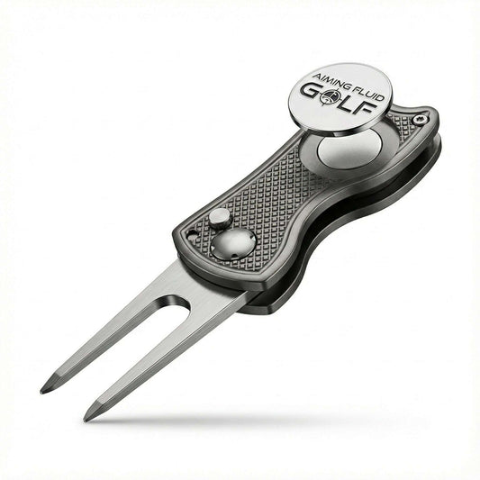 Aiming Fluid Golf foldable metal divot tool with ergonomic handle, designed for repairing golf course turf.