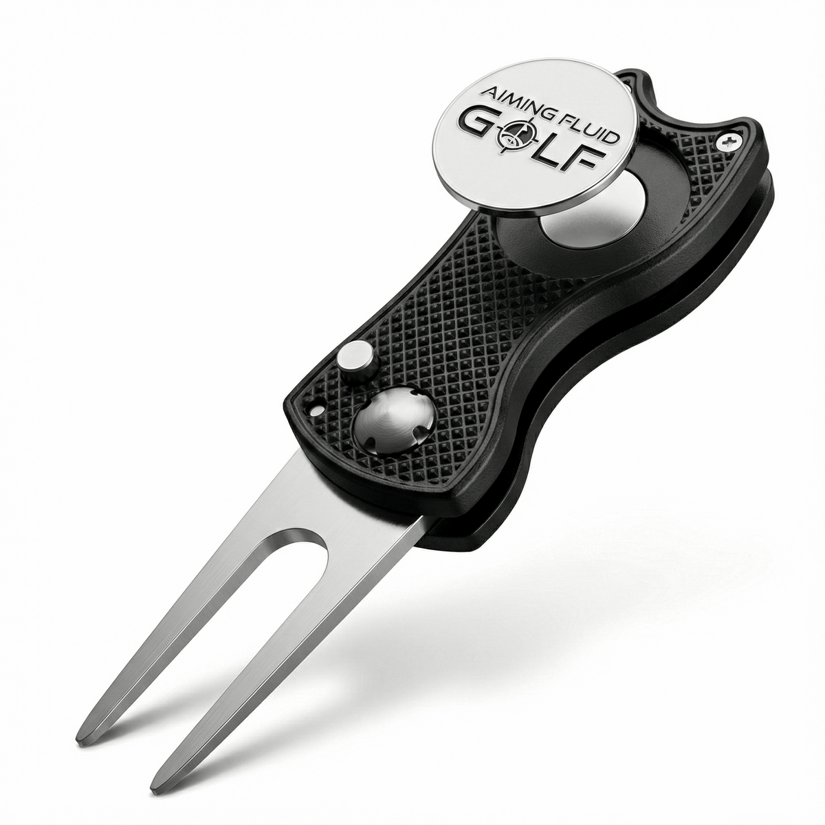 Aiming Fluid Golf foldable metal divot tool with ergonomic handle for repairing golf course turf on the green