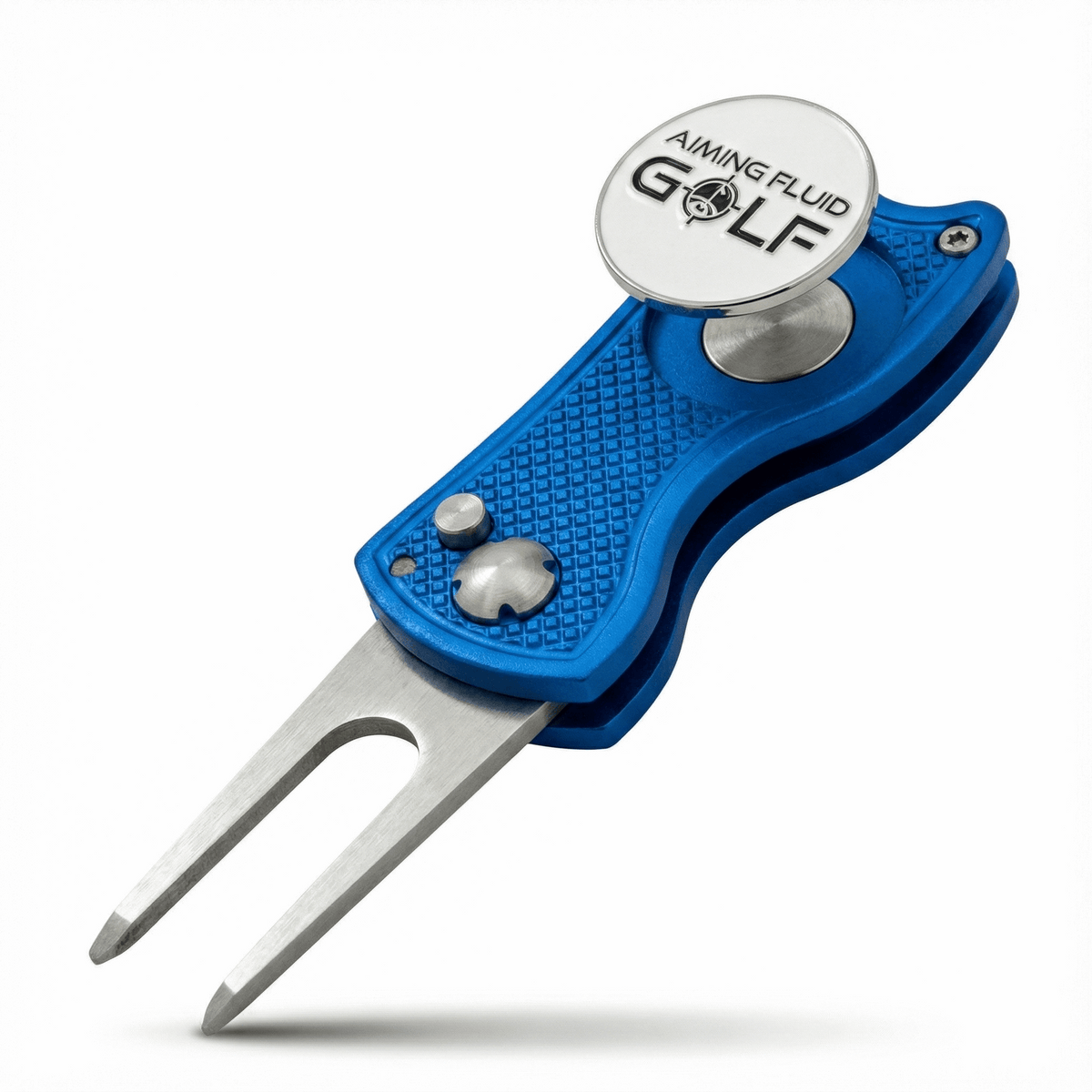 Aiming Fluid Golf foldable metal divot tool with sleek design, compact for golf course use, featuring a sturdy metal construction.