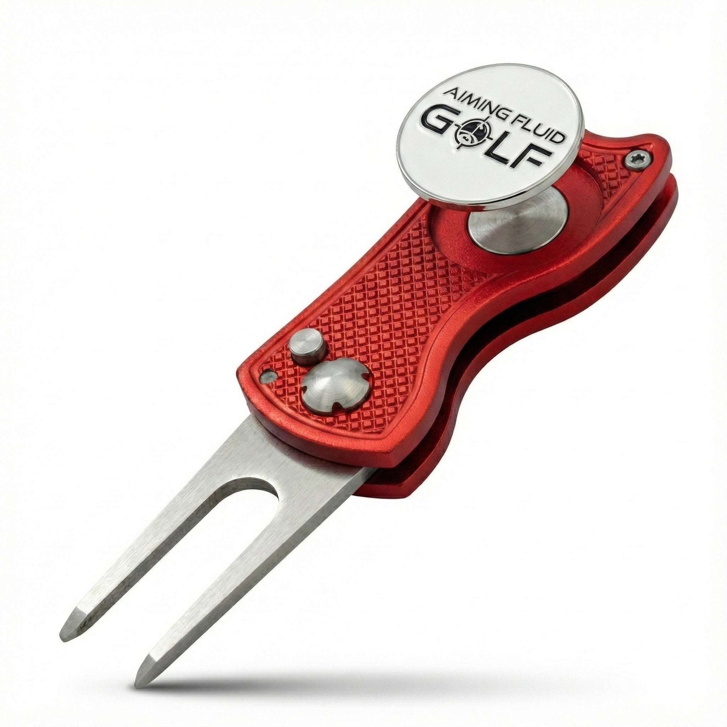 Foldable metal divot tool by Aiming Fluid Golf, compact and durable for repairing golf greens during play.