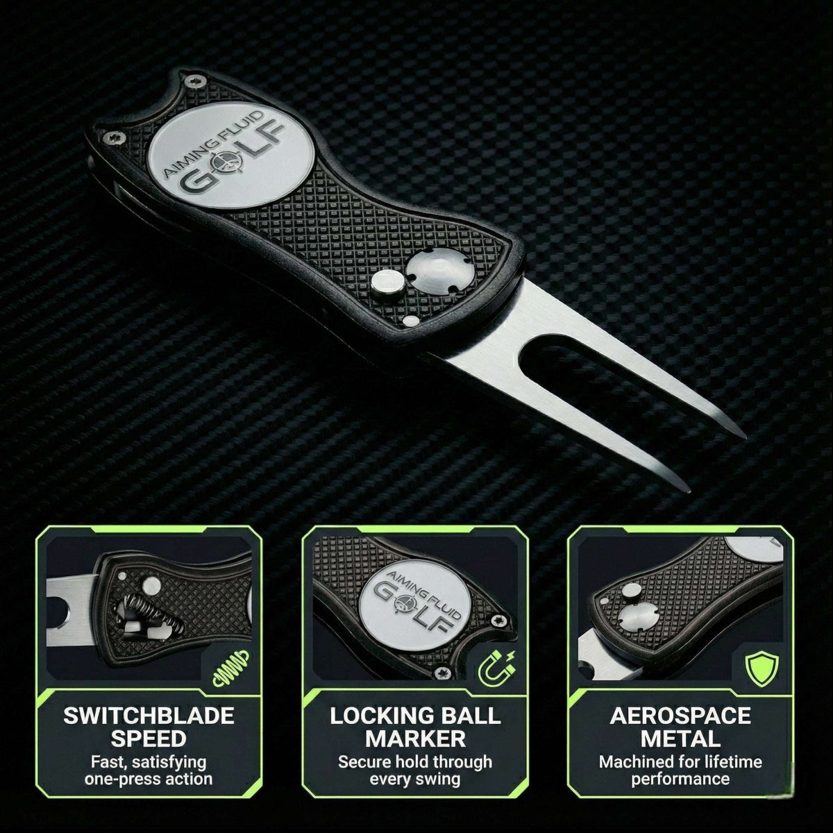 Foldable metal divot tool from Aiming Fluid Golf with a sleek design, suitable for repairing golf course turf.