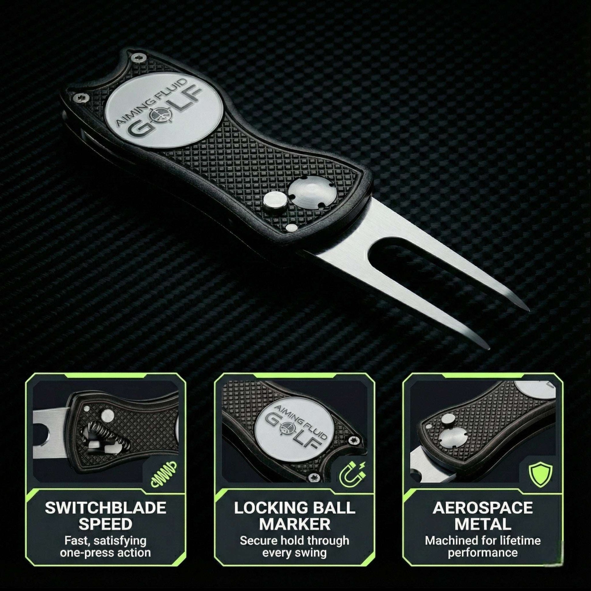 Foldable metal divot tool from Aiming Fluid Golf with a sleek design, suitable for repairing golf course turf.