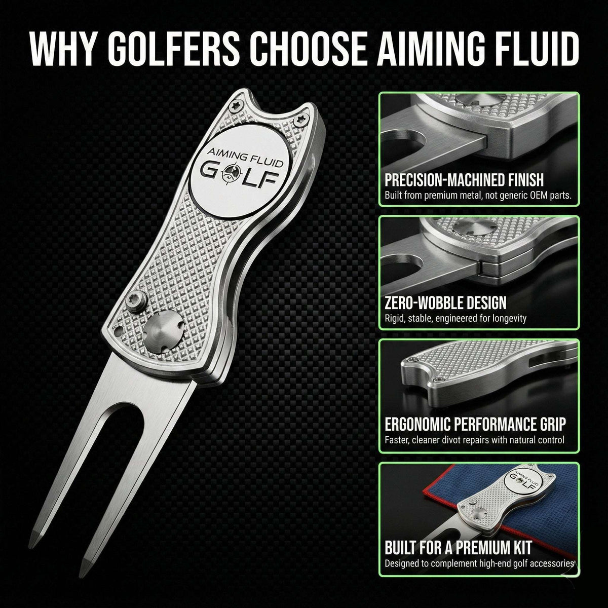 Aiming Fluid Golf foldable metal divot tool with sleek design, ready for golf course repair, shown in a close-up view.