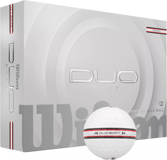 Wilson 2025 Duo Soft TRK360 golf balls by ParWestGolf, showing a close-up of the white golf balls with branding and dimples.
