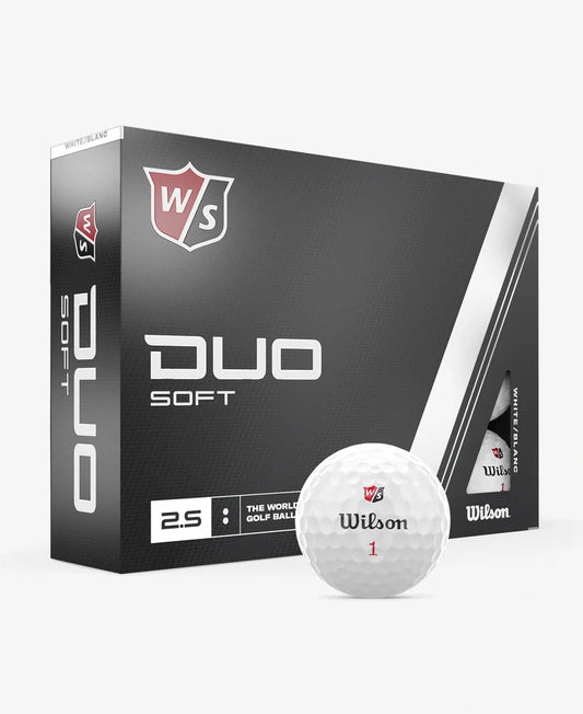 Wilson DUO SOFT golf balls by ParWestGolf, close-up view showing the white golf ball with black branding and soft matte finish.