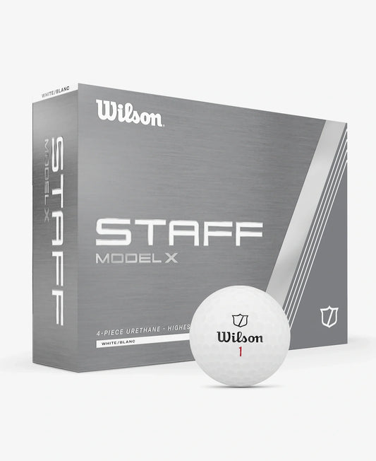 Wilson Staff Model X golf balls displayed on a white background, showcasing their sleek design and branding.
