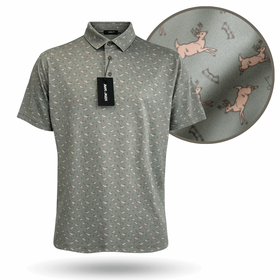 Bow Crew Apparel Bows & Bucks golf polo T-shirt featuring a hunting-inspired design on a comfortable, casual shirt.