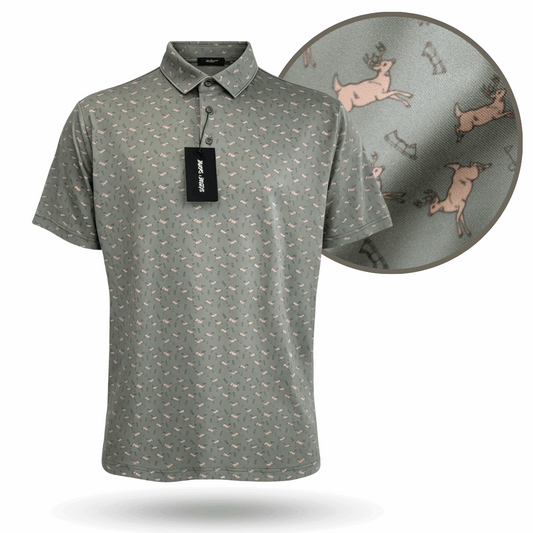 Bow Crew Apparel Bows & Bucks golf polo T-shirt featuring a hunting-inspired design on a comfortable, casual shirt.
